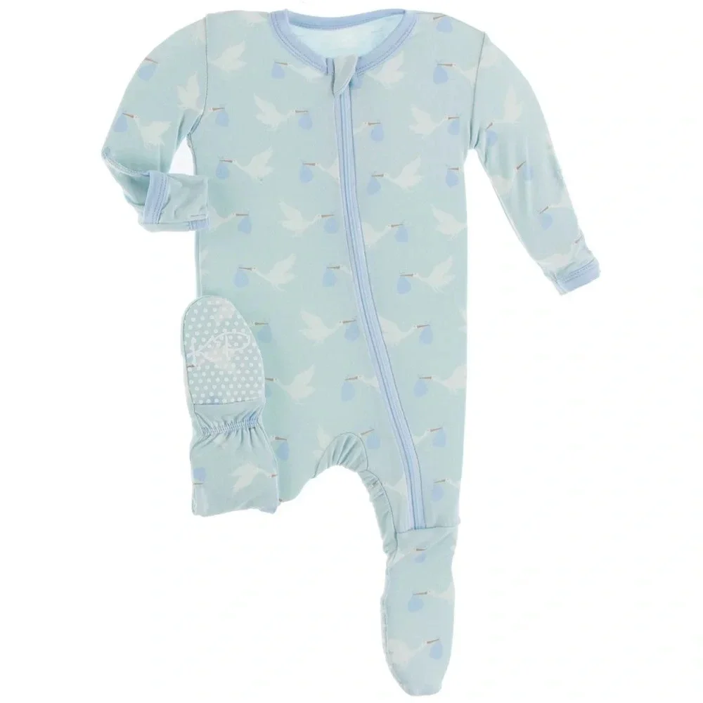 Kickee Pants Footie with Zipper in Spring Stork Sky white/blue size 0 to 3